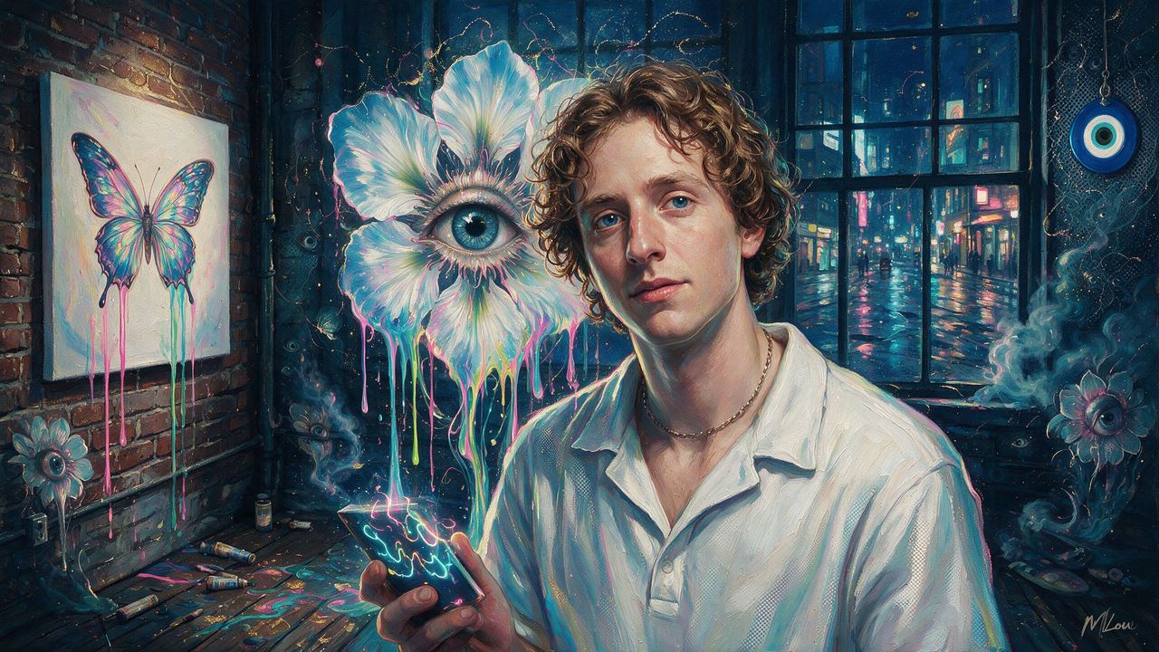 Daniel Allan, portrait painted by MLow: Neon in the Palm
