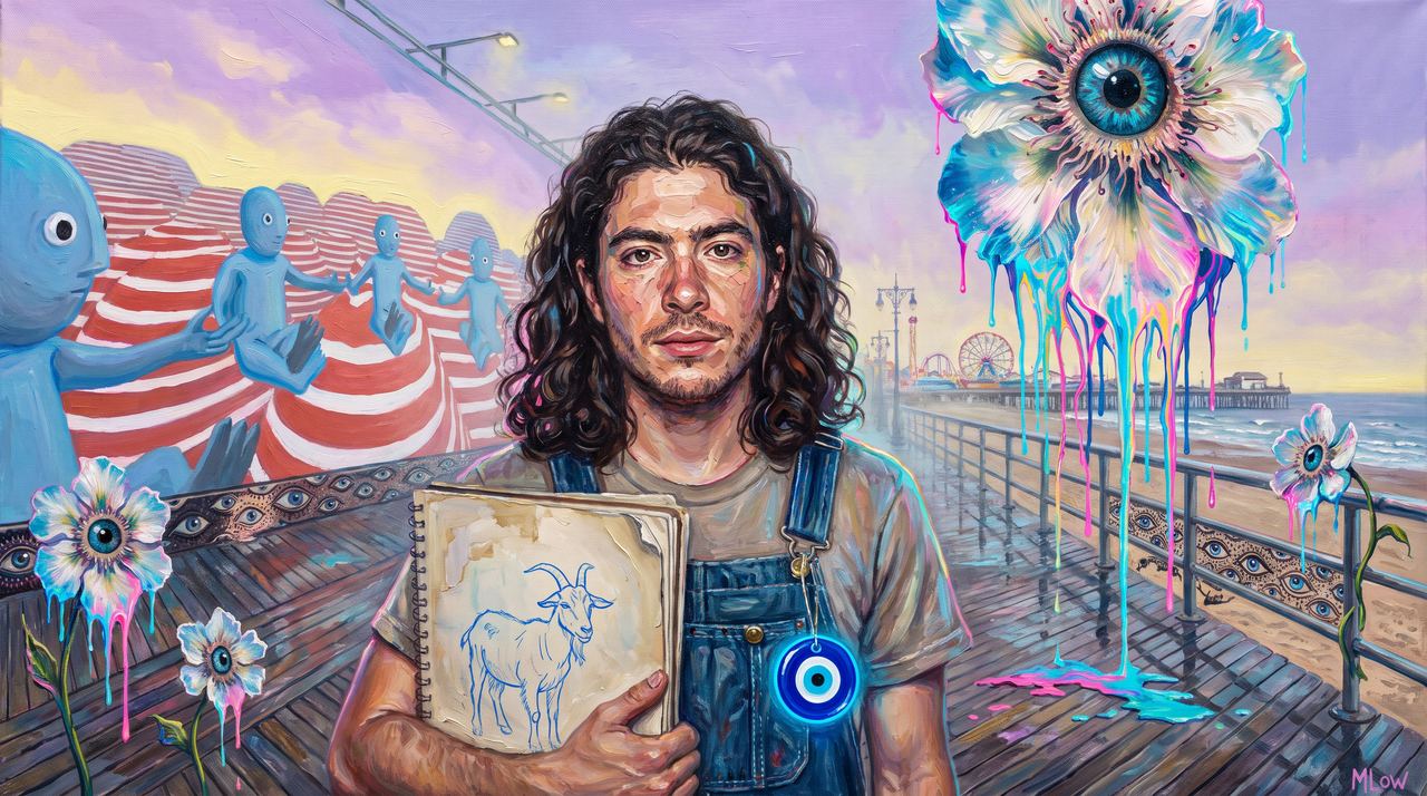 Danny Cole, portrait painted by MLow: Blue Friends on the Boardwalk