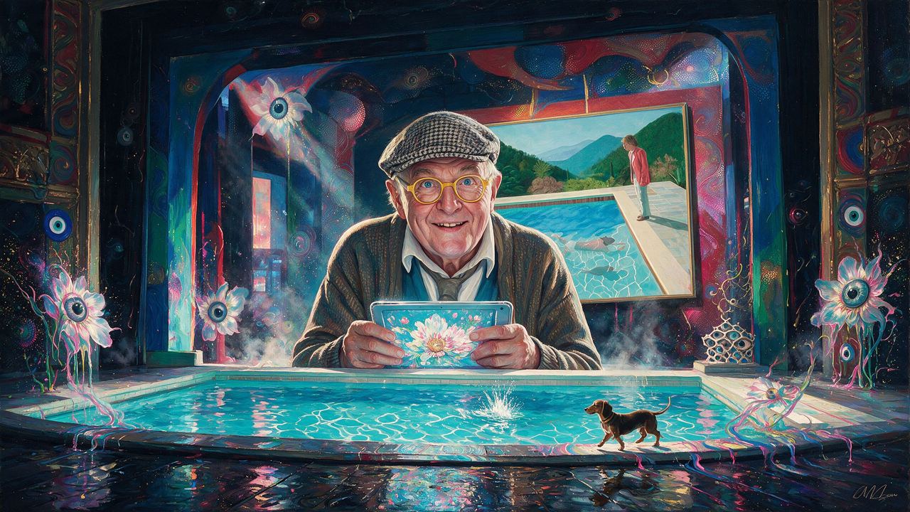 David Hockney, portrait painted by MLow: The Pool on the Opera Stage