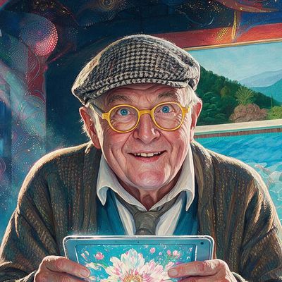David Hockney, portrait painted by MLow: The Pool on the Opera Stage