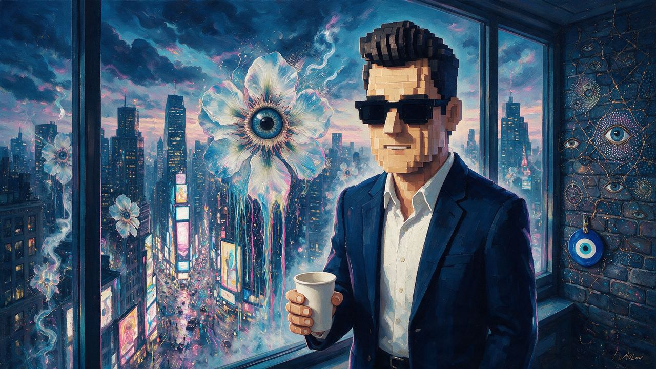 Degenerate Brian, portrait painted by MLow: Morning Coffee Over Times Square