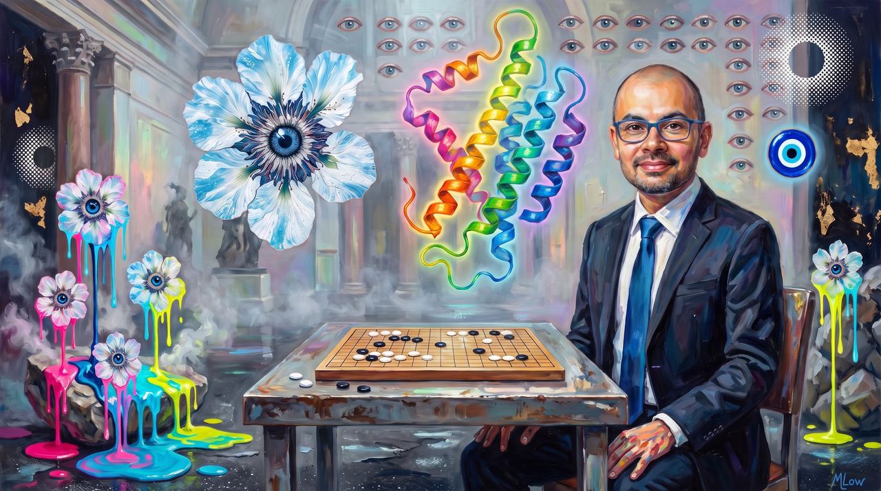 Demis Hassabis, portrait painted by MLow: The Fold at the Natural History Museum