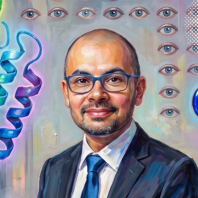 Demis Hassabis, portrait painted by MLow: The Fold at the Natural History Museum