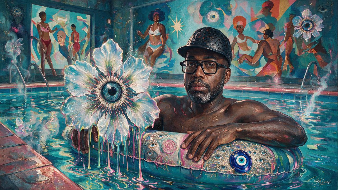 Derrick Adams, portrait painted by MLow: Float in the Harlem Pool