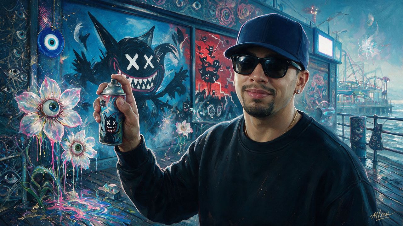 Des Lucréce, portrait painted by MLow: Spray Can on the Boardwalk