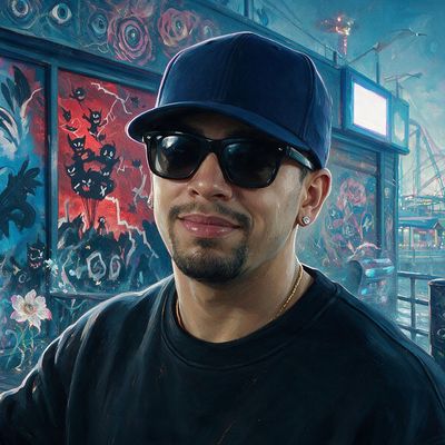 Des Lucréce, portrait painted by MLow: Spray Can on the Boardwalk