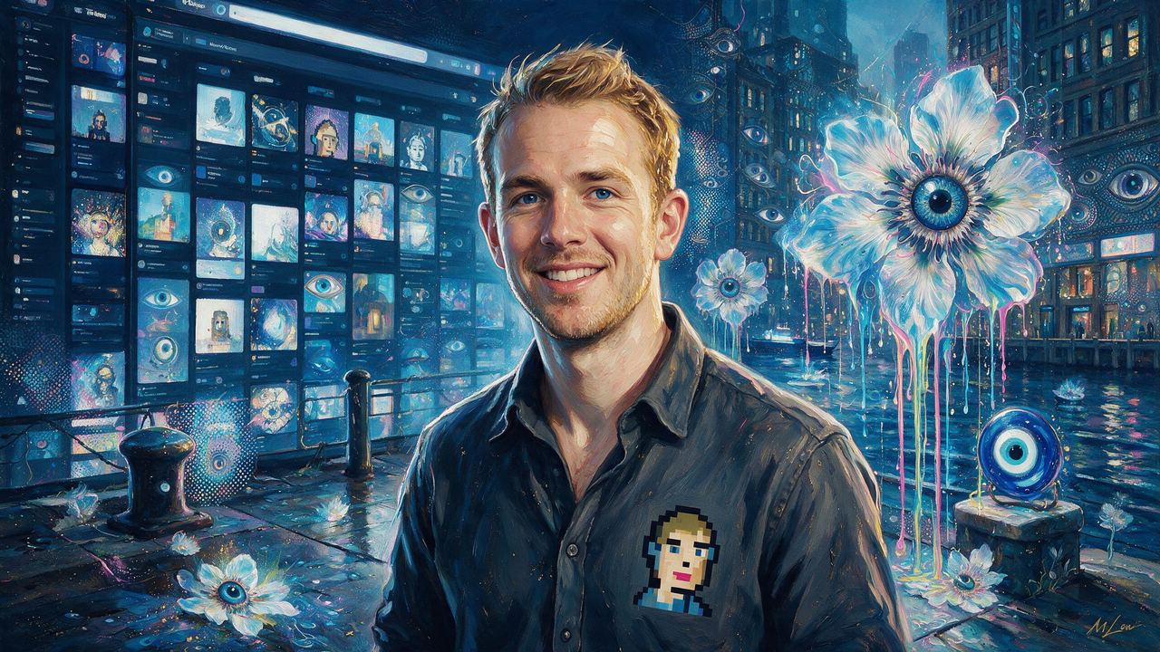 Devin Finzer, portrait painted by MLow: Wall of Glowing Cards