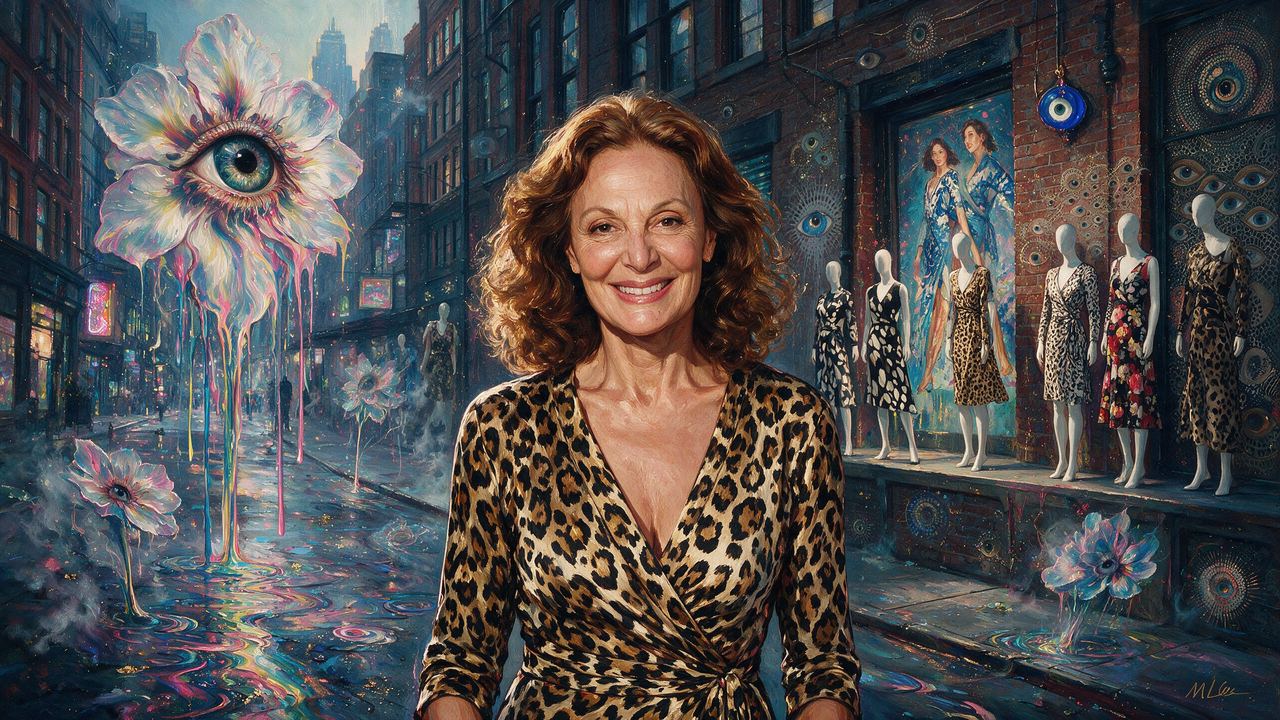 Diane von Furstenberg, portrait painted by MLow: Wrap Dress, Cobblestones