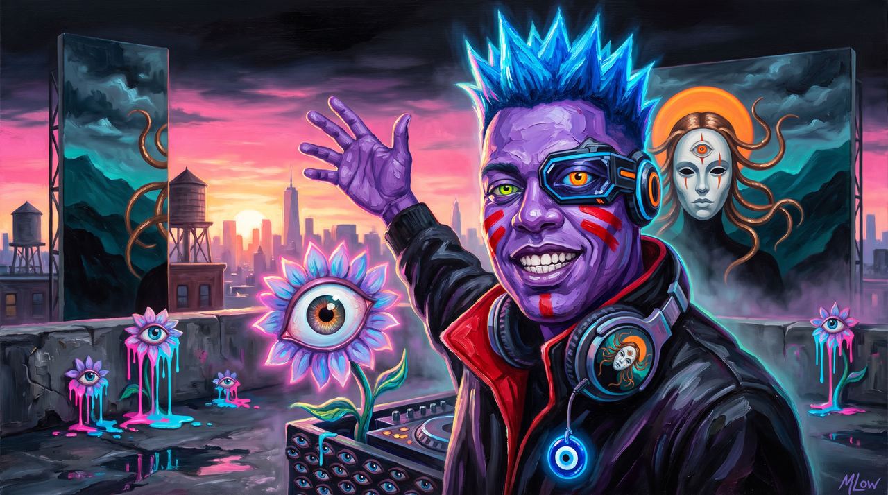 DJ FATHEAD, portrait painted by MLow: Sunrise Set in Bushwick