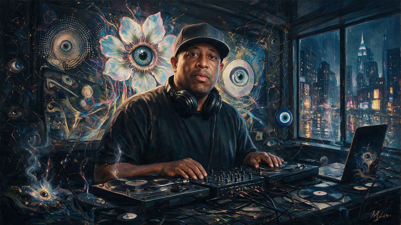 DJ Premier, portrait painted by MLow: Two Turntables, Night Window