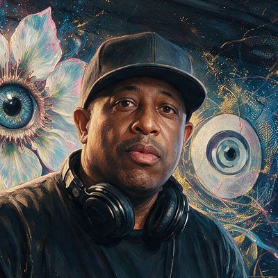 DJ Premier, portrait painted by MLow: Two Turntables, Night Window