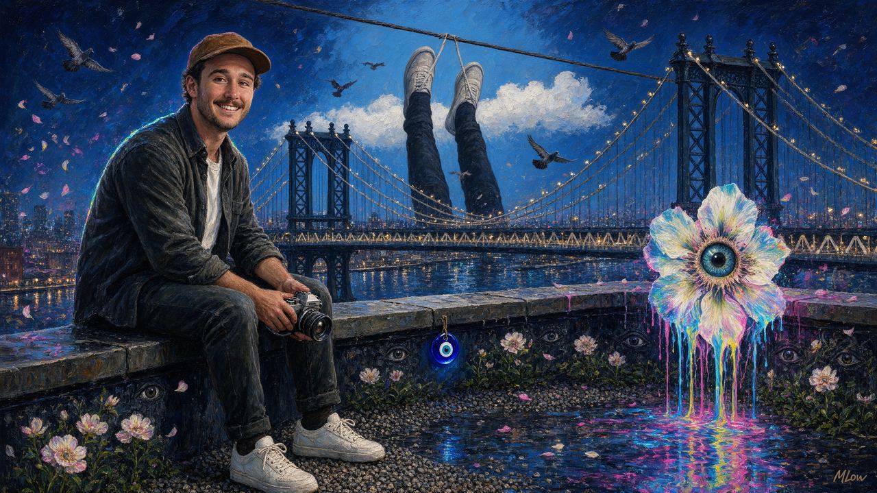 DK, portrait by MLow: Blue Skies Forever over DUMBO