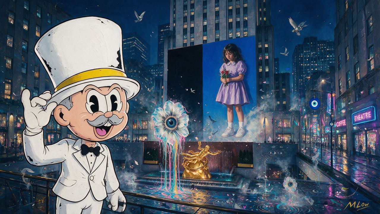 Doug Dimmadome, portrait painted by MLow: The Hat at Rockefeller Center