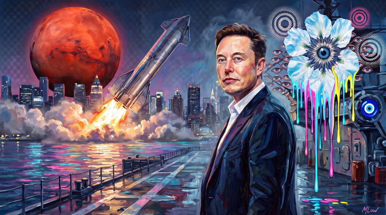 Elon Musk, portrait painted by MLow: A Starship on the Intrepid