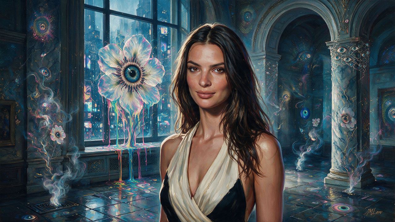 Emily Ratajkowski, portrait painted by MLow: Marble Hall, Rain Window
