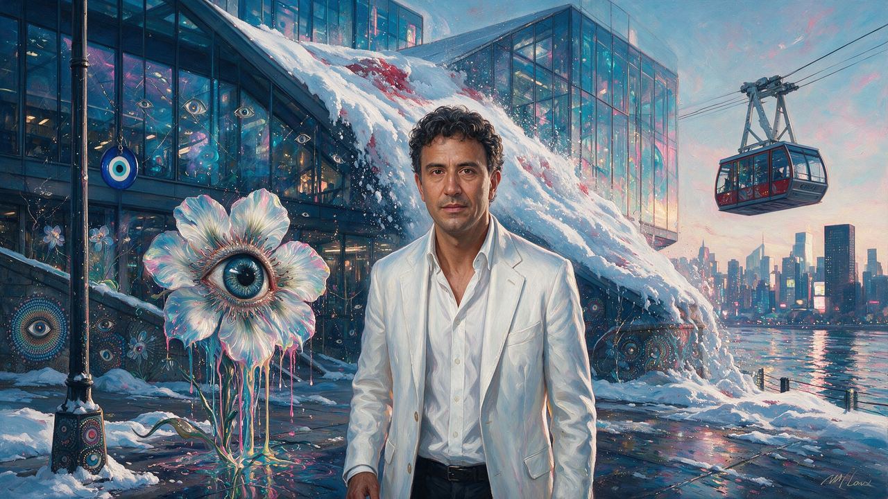 Emin Gun Sirer, portrait painted by MLow: Avalanche on Roosevelt Island