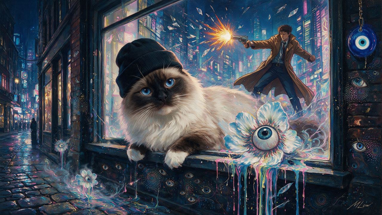 eth_exy, portrait painted by MLow: Beanie Cat in the SoHo Window