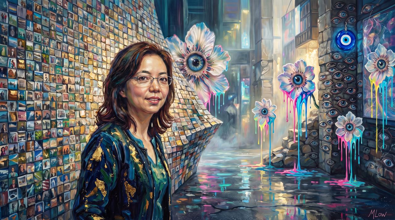 Fei-Fei Li, portrait painted by MLow: A World Out of the Mosaic at MoMA