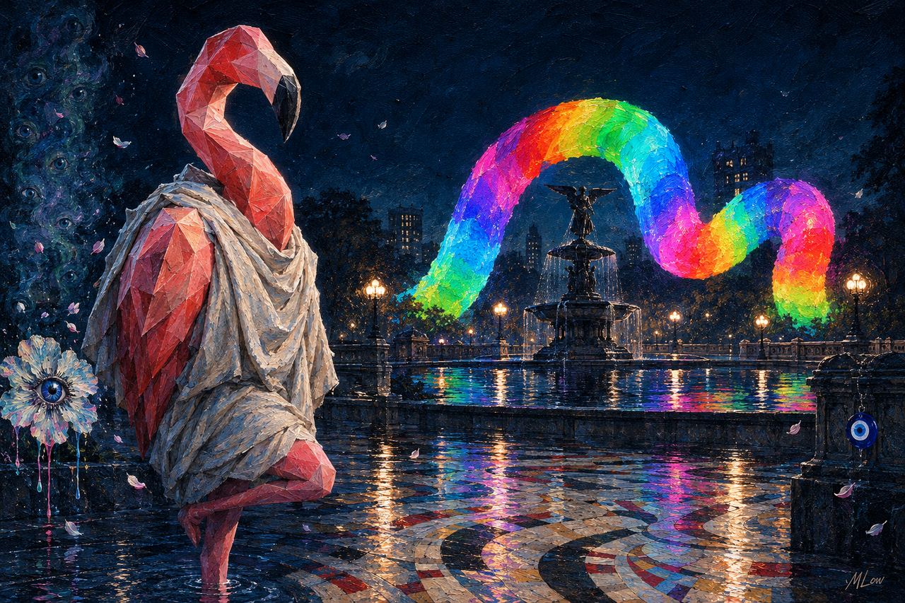 Flamingo DAO, portrait by MLow: A Flamboyance of One