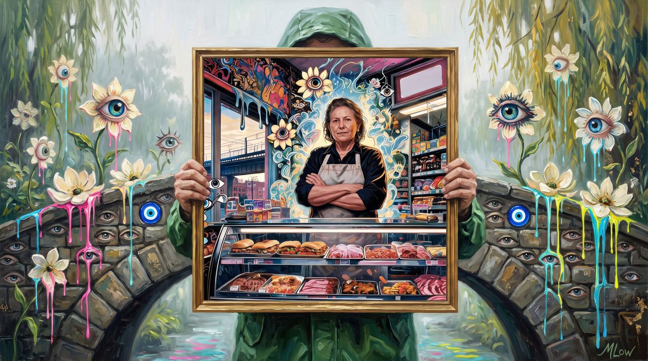 forkingpepe.eth, portrait painted by MLow: The Bodega Keeper at Clove Lakes