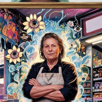 forkingpepe.eth, portrait painted by MLow: The Bodega Keeper at Clove Lakes