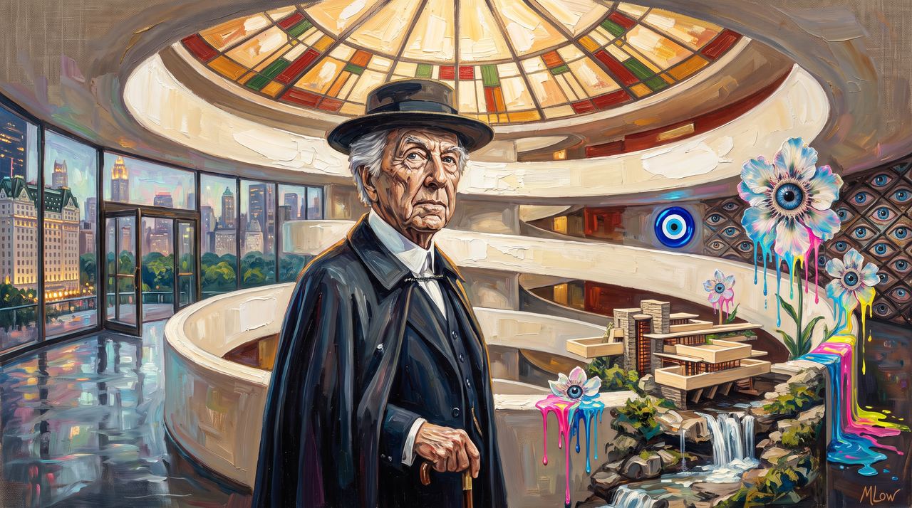 Frank Lloyd Wright, portrait painted by MLow: The Spiral on Fifth