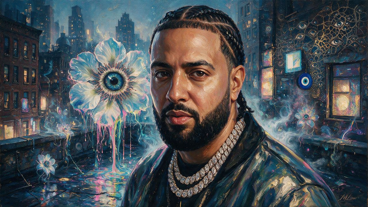 French Montana, portrait painted by MLow: Diamonds on the Roof