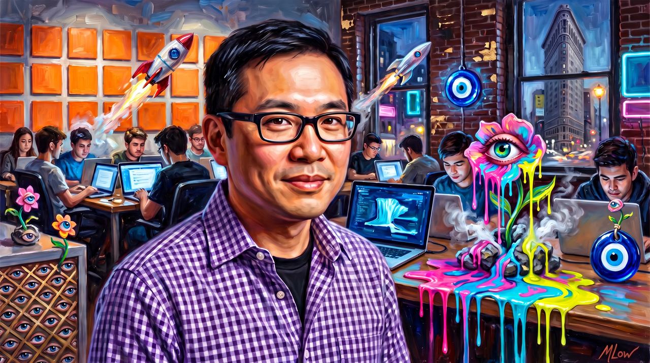 Garry Tan, portrait painted by MLow: Founders in a Flatiron Loft