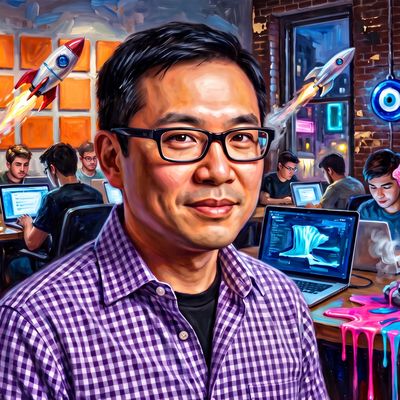 Garry Tan, portrait painted by MLow: Founders in a Flatiron Loft