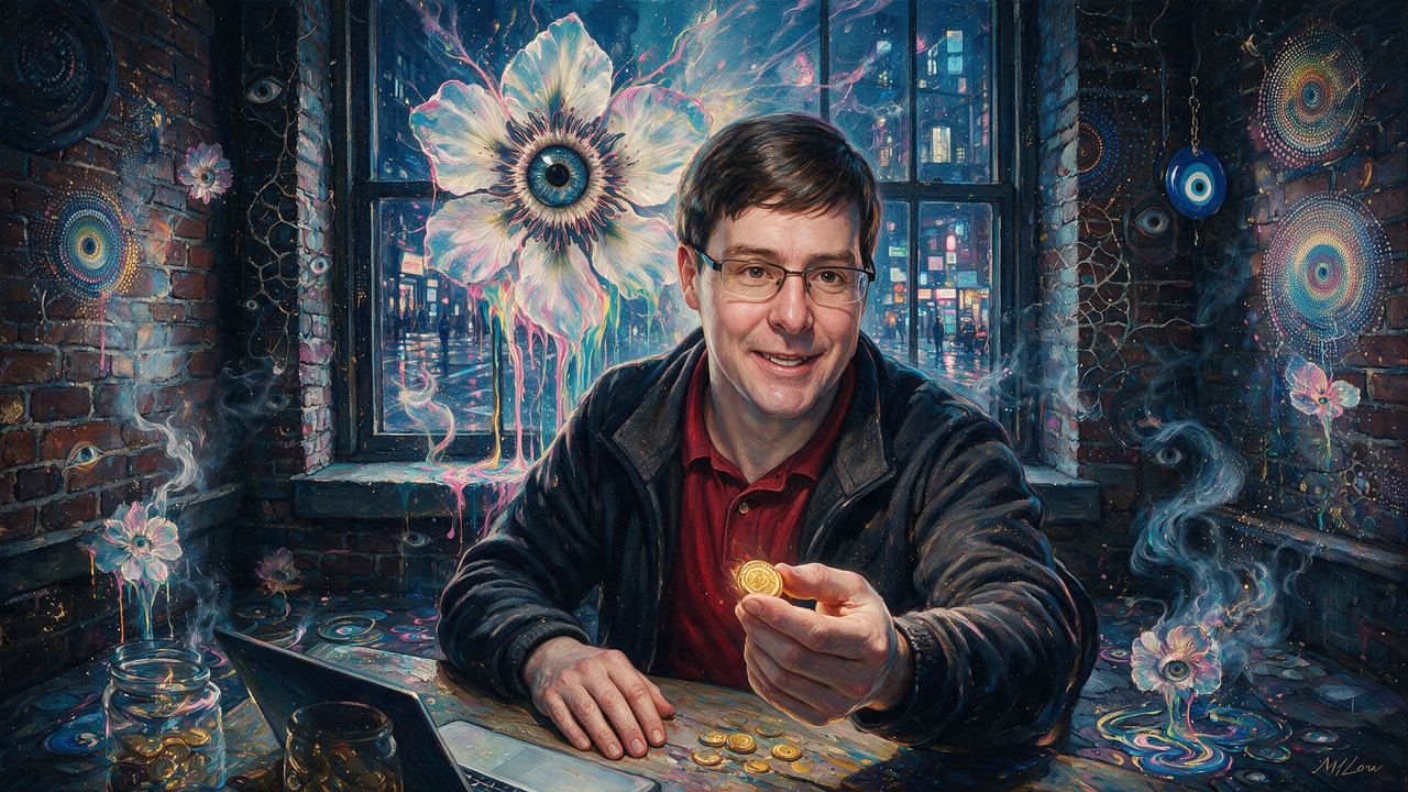 Gavin Andresen, portrait painted by MLow: Free Coins Upstairs