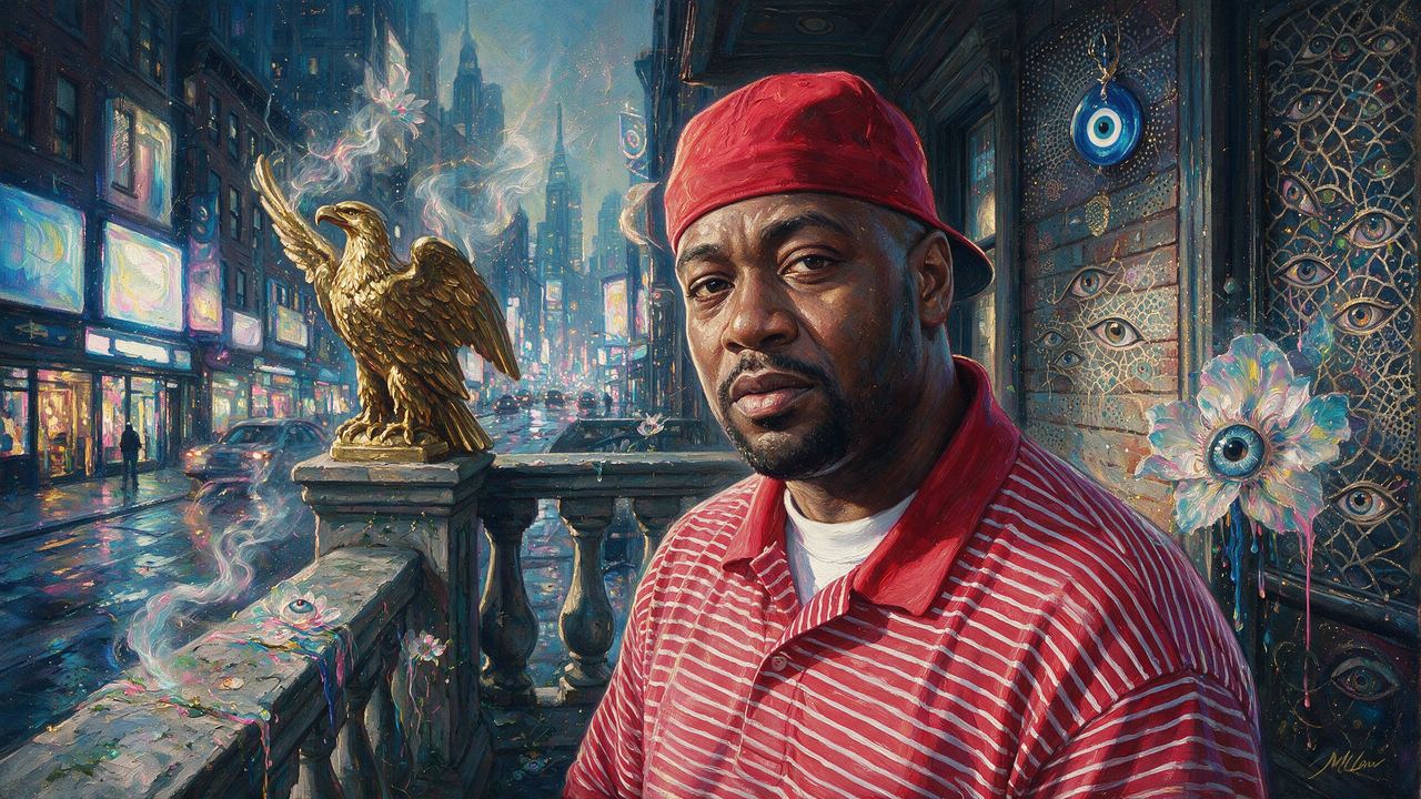 Ghostface Killah, portrait painted by MLow: Gold Eagle on the Rail