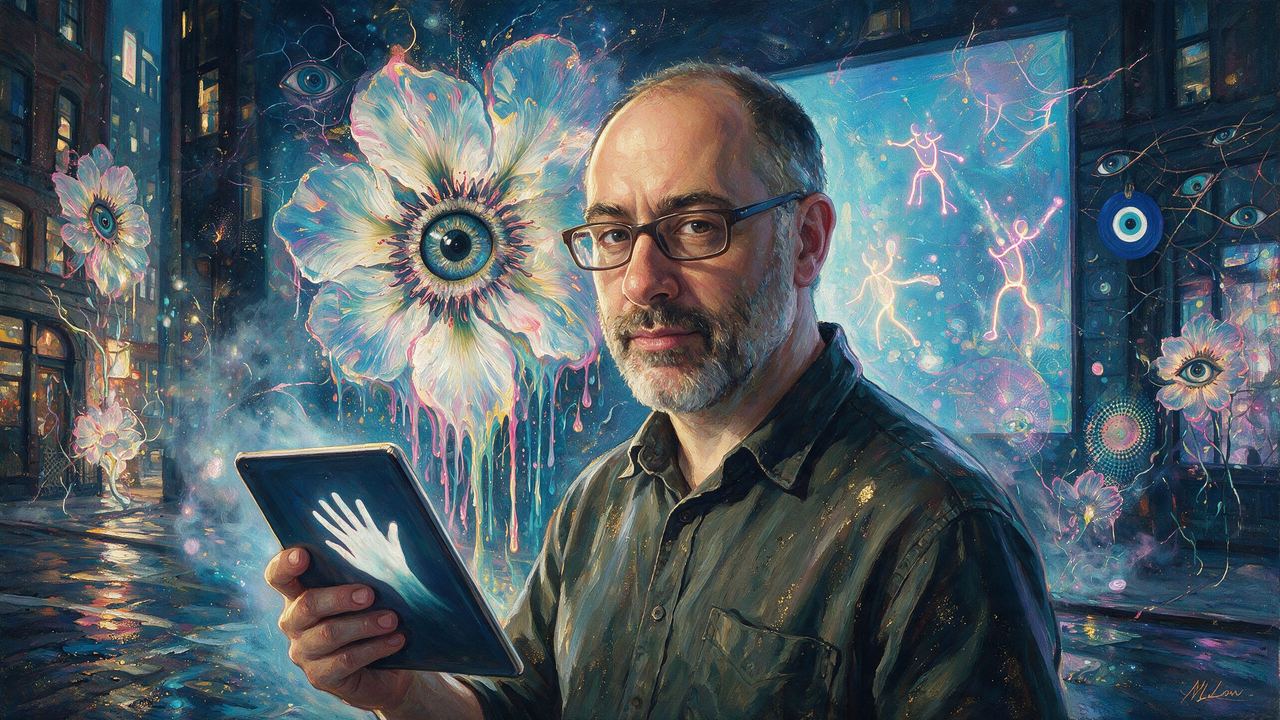 Golan Levin, portrait painted by MLow: Hand on the Screen