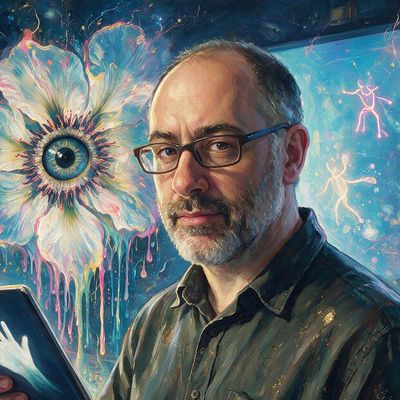 Golan Levin, portrait painted by MLow: Hand on the Screen