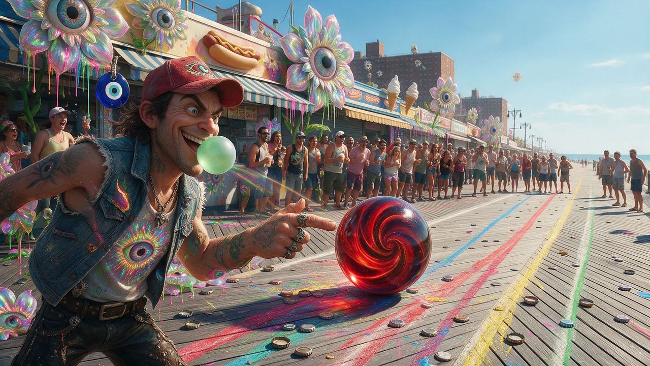 GPunknft, portrait painted by MLow: Red Nose, Flicked Across Coney Island