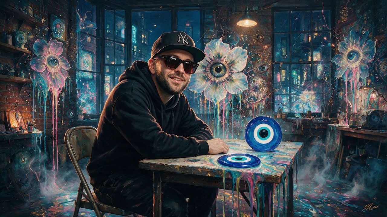 Gramatik, portrait painted by MLow: Blue Eyes on the Table
