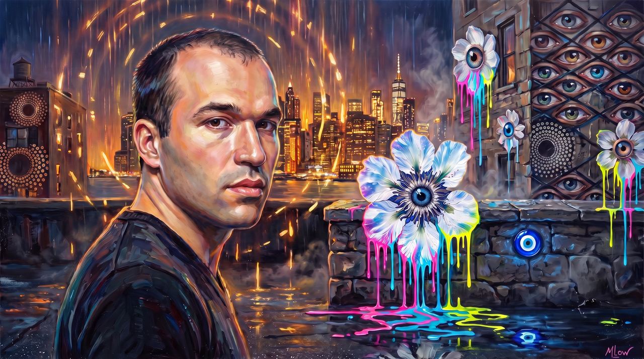 Greg Brockman, portrait painted by MLow: Code Rain in Williamsburg