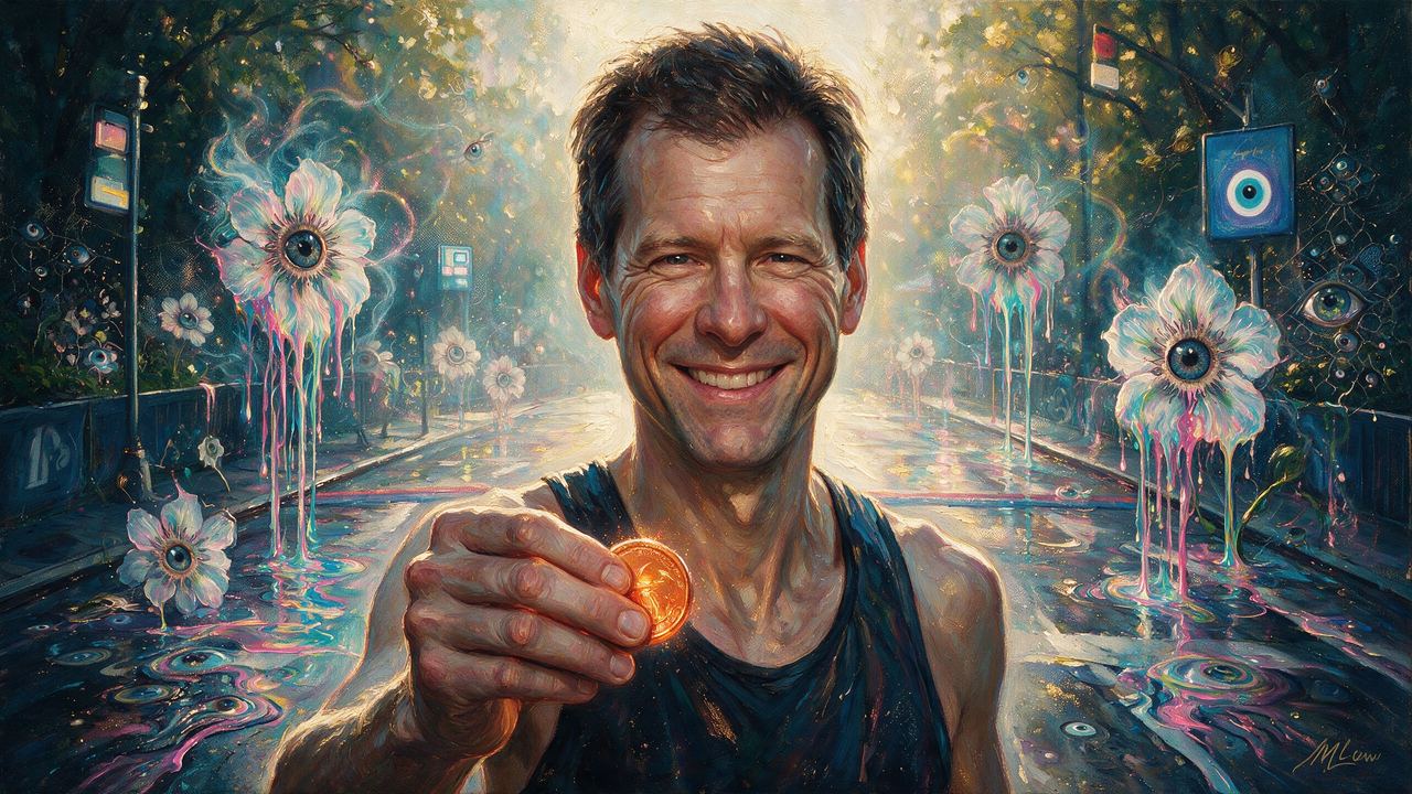 Hal Finney, portrait painted by MLow: Running Through Central Park