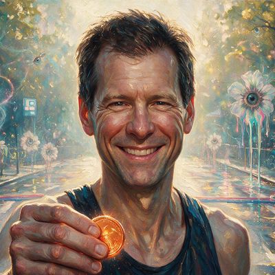 Hal Finney, portrait painted by MLow: Running Through Central Park