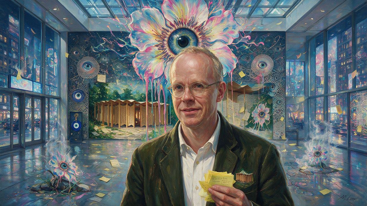 Hans Ulrich Obrist, portrait painted by MLow: Notes in the Air