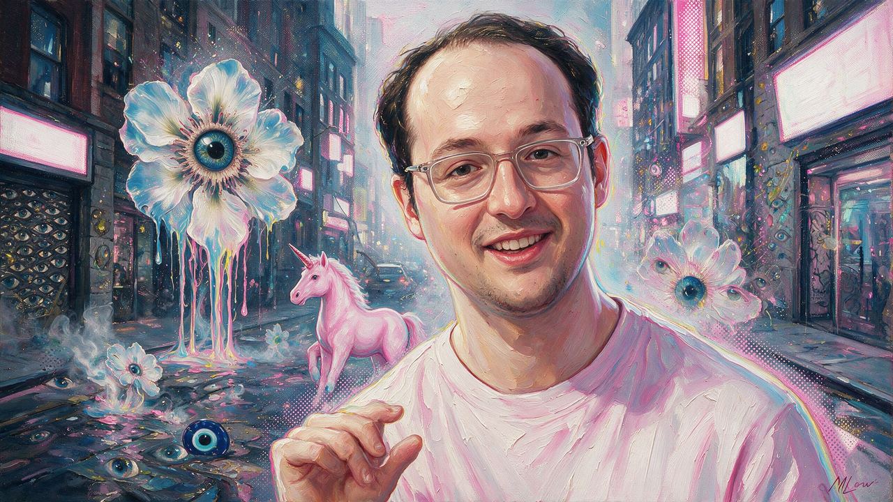 Hayden Adams, portrait painted by MLow: Pink Unicorn Street