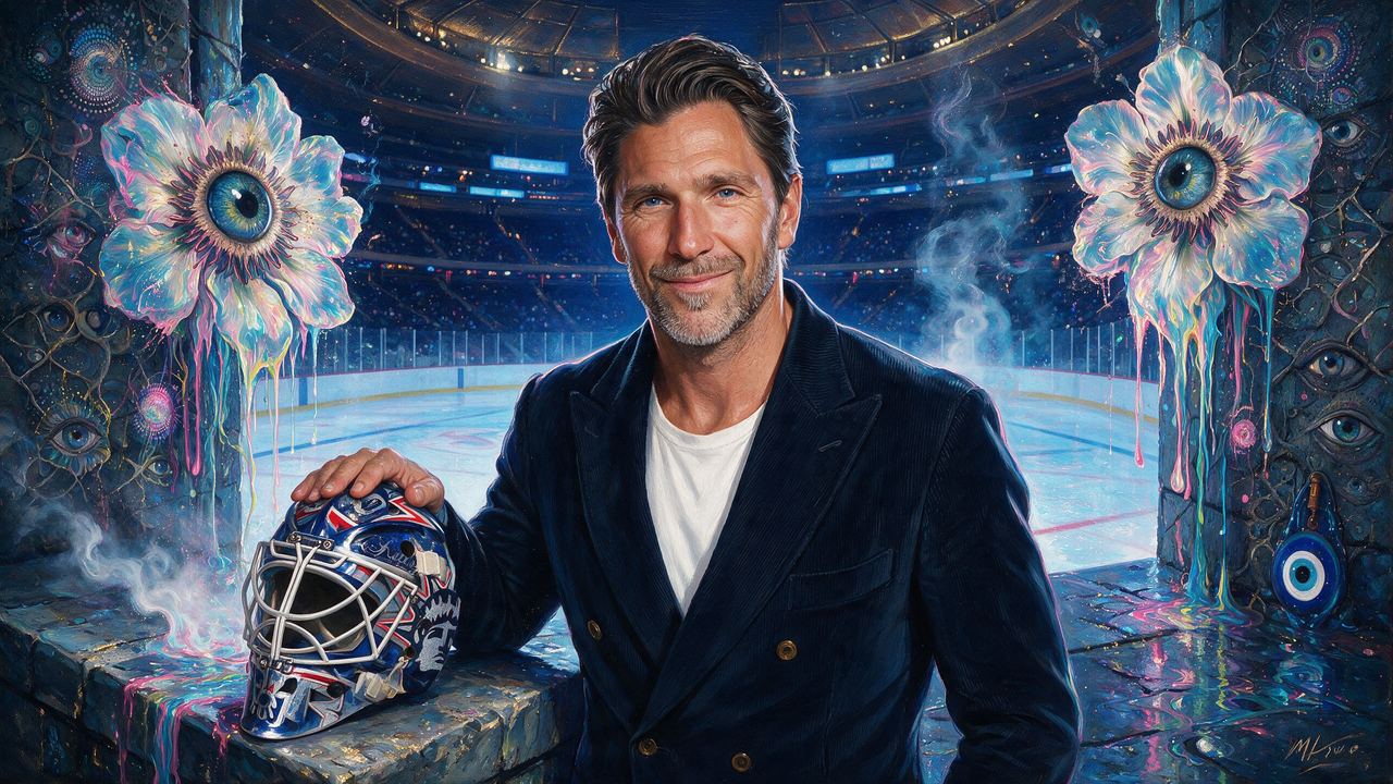 Henrik Lundqvist, portrait painted by MLow: Mask on the Ledge