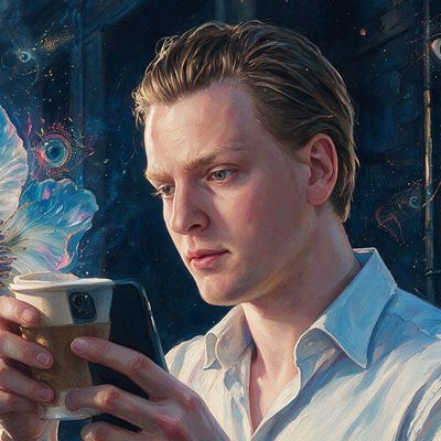 Ivan on Tech, portrait painted by MLow: Morning Stream at the Coffee Cart