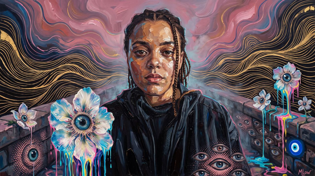 Ix Shells, portrait painted by MLow: Gold Lines, Pink Sky