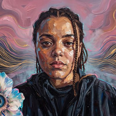 Ix Shells, portrait painted by MLow: Gold Lines, Pink Sky