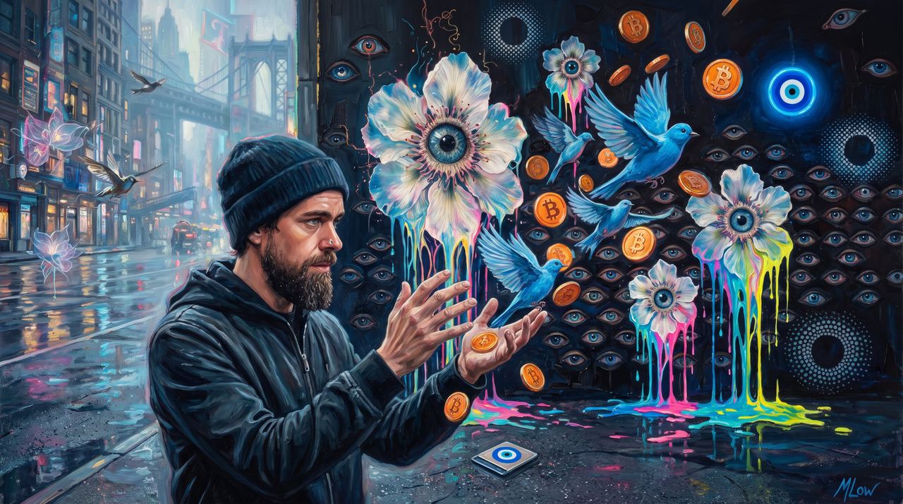 Jack Dorsey, portrait painted by MLow: Birds in Union Square
