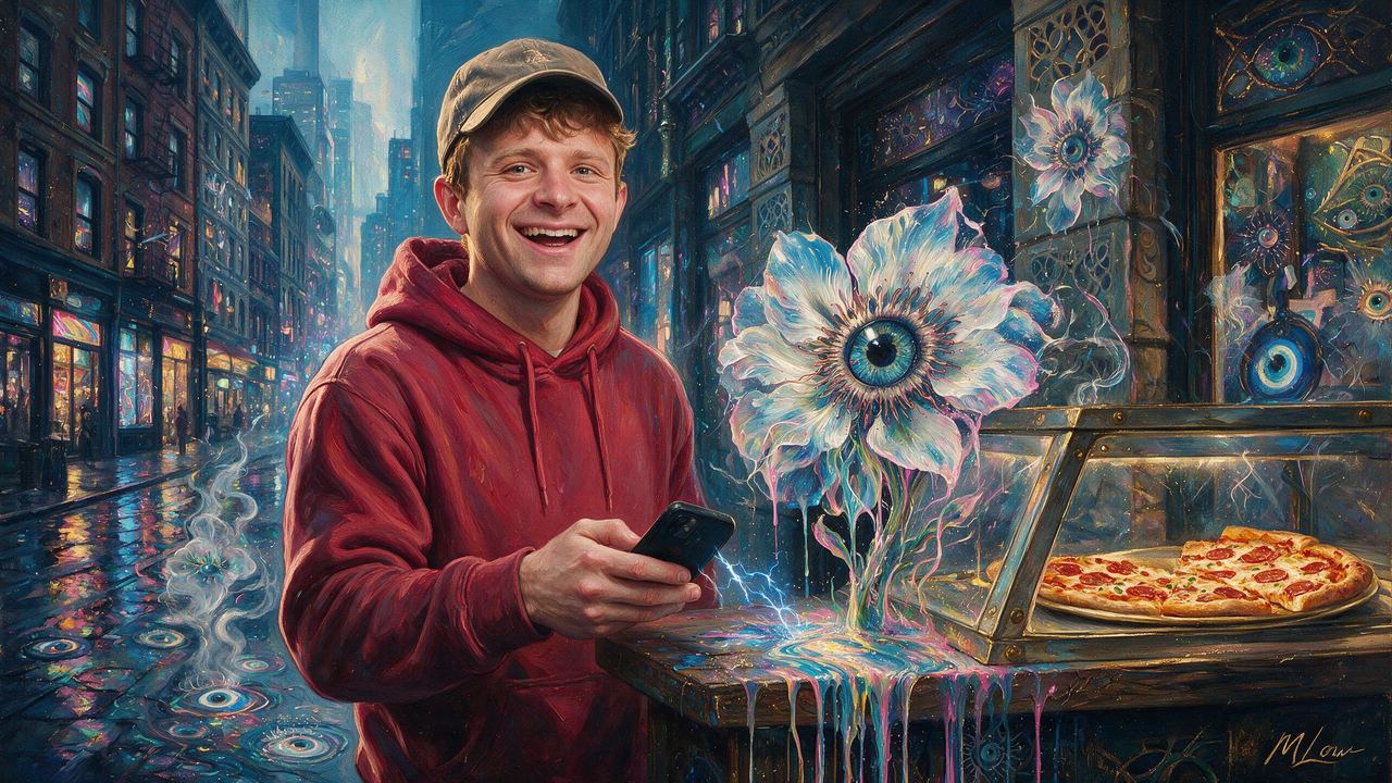 Jack Mallers, portrait painted by MLow: A Slice, Phone Held High