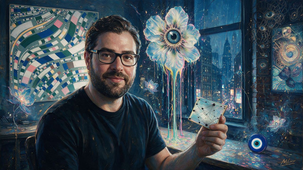 Jake Brukhman, portrait painted by MLow: Dots and Lines, Flatiron