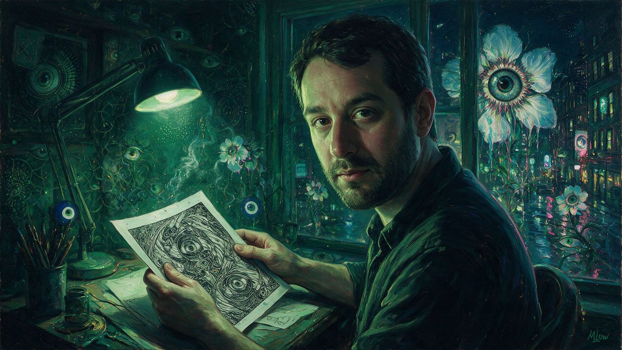 Jake Fried, portrait painted by MLow: Under the Green Lamp
