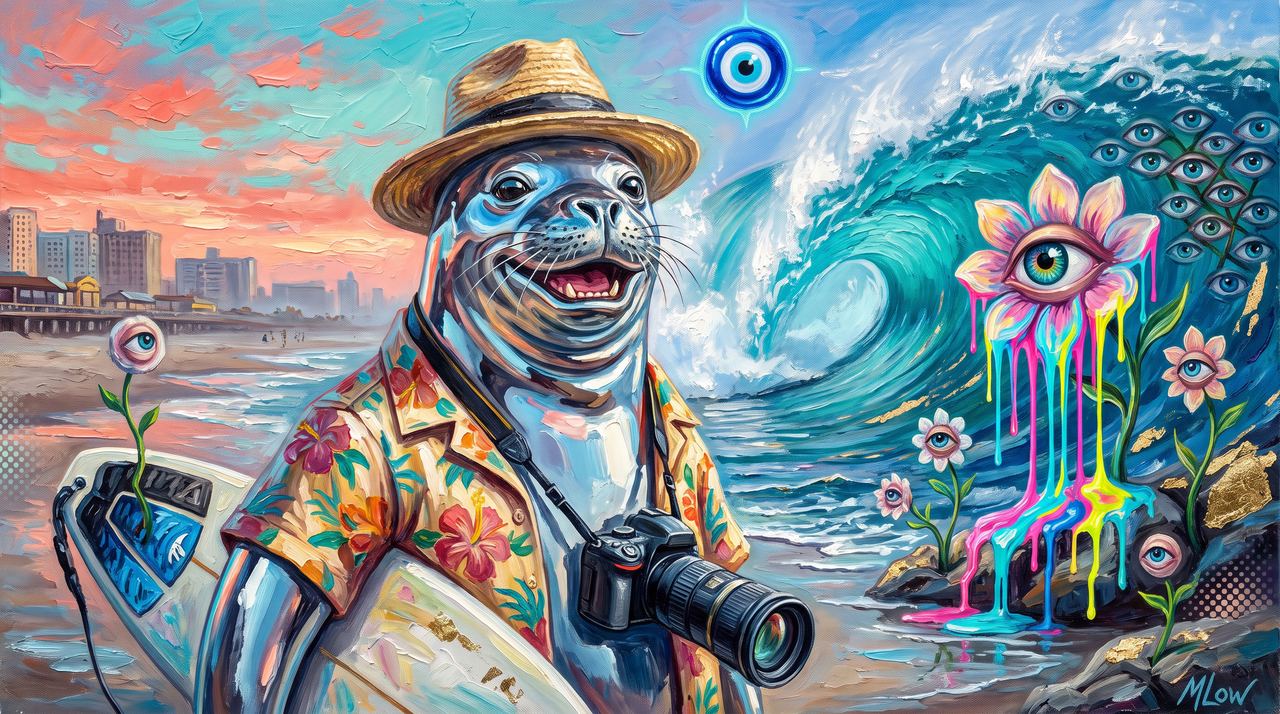 Jason O'Rourke, portrait painted by MLow: Monk Seal Monday at Rockaway