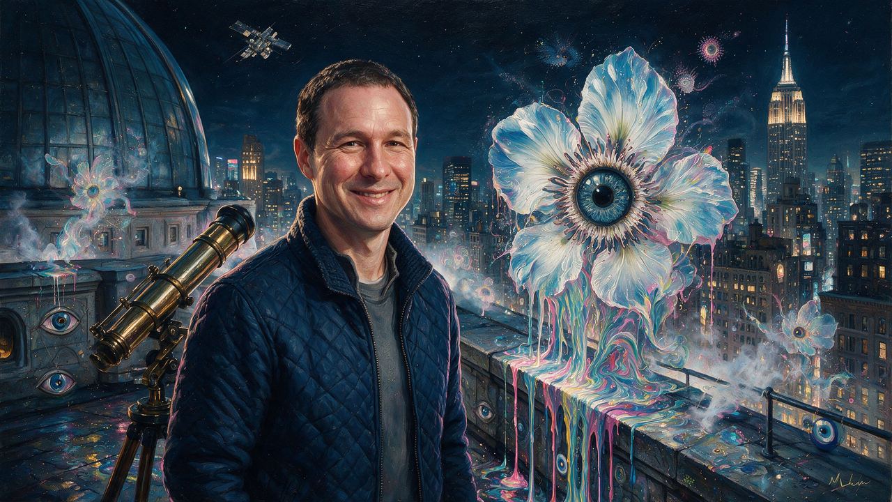 Jed McCaleb, portrait painted by MLow: Telescope on Central Park West